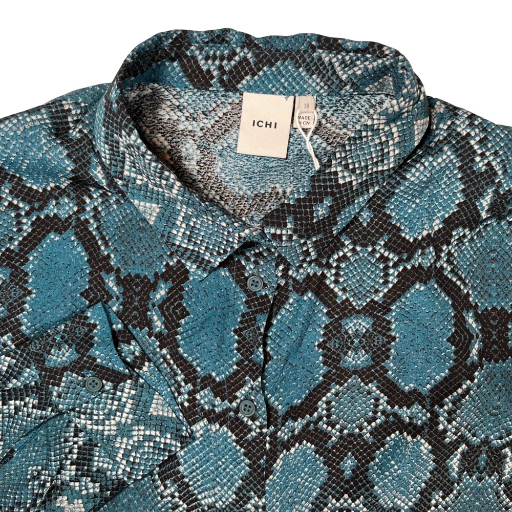 New Ichi Snake Print Shirt Women 38 (US M) Blue Reflecting Pond Button Up Office
